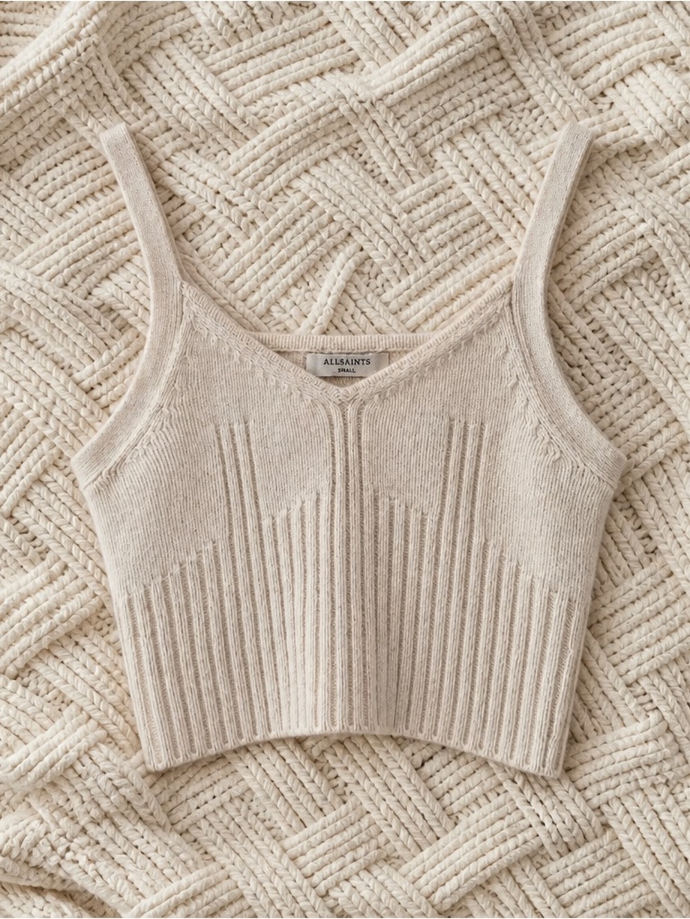 AllSaints Italian Yarn Ribbed Knit Crop Cami Tank Top Cream Beige Size Small